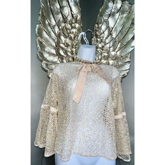 N by Nancy Women's Fishnet Sheer Lace  Champagne Collar Crystals, Size XL - Picture 7 of 16